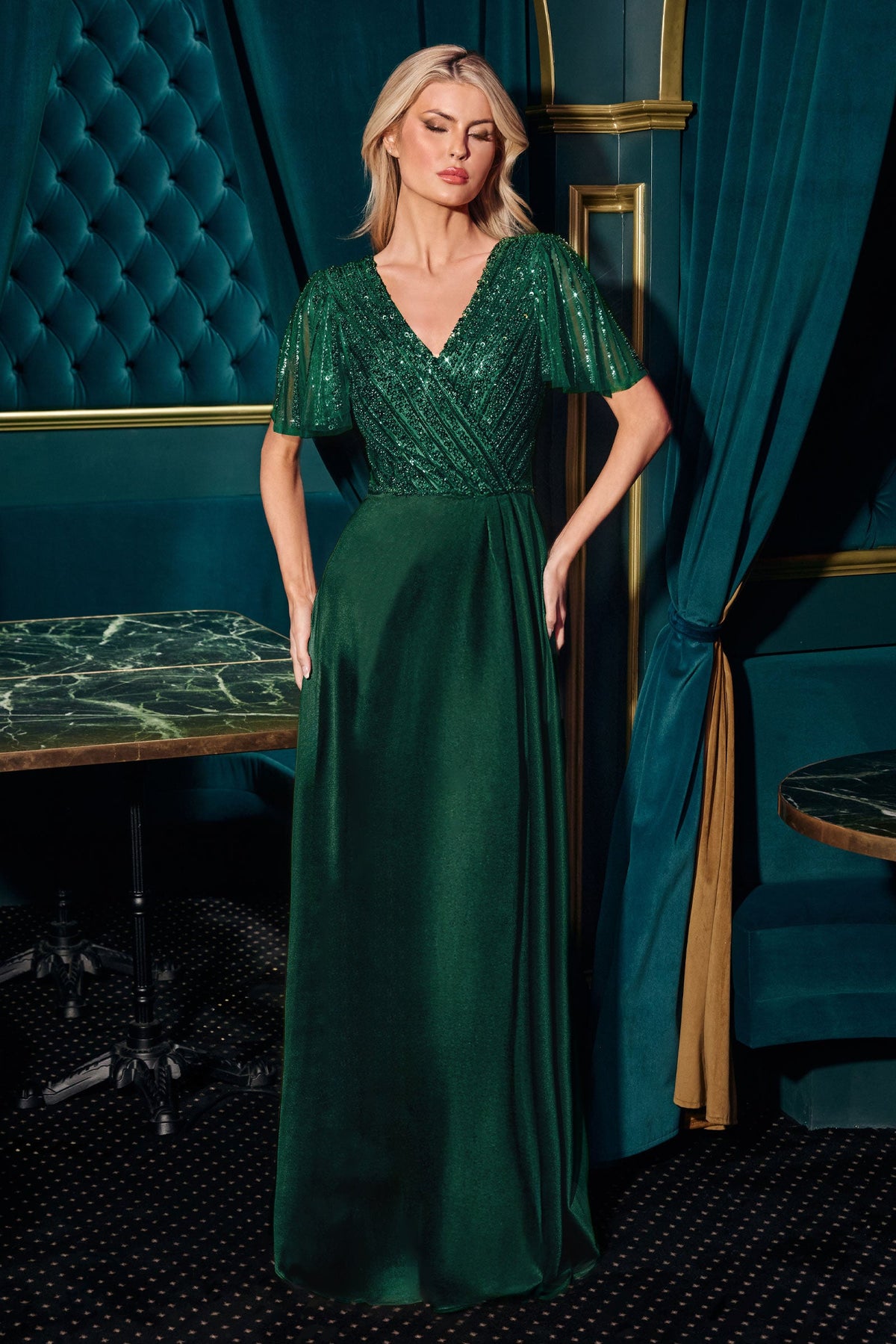 Beaded Satin A-Line Gown by Ladivine CC447