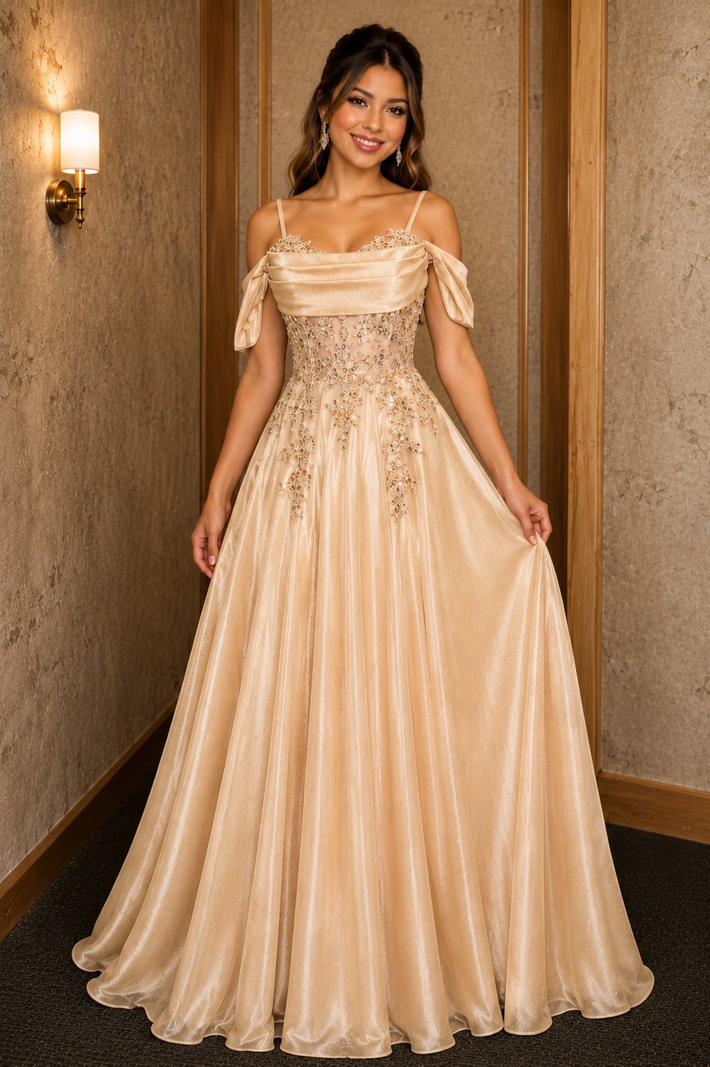 Champagne Off Shoulder A-Line Formal Dress with Lace Applique and Beaded Corset Bodice, Floor Length Evening Gown Style 50538