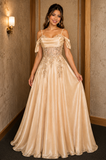 Champagne Off Shoulder A-Line Formal Dress with Lace Applique and Beaded Corset Bodice, Floor Length Evening Gown Style 50538