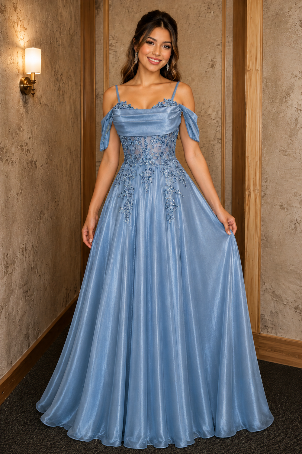 Dusty Blue Off Shoulder A-Line Formal Dress with Lace Applique and Beaded Corset Bodice, Floor Length Evening Gown Style 50538