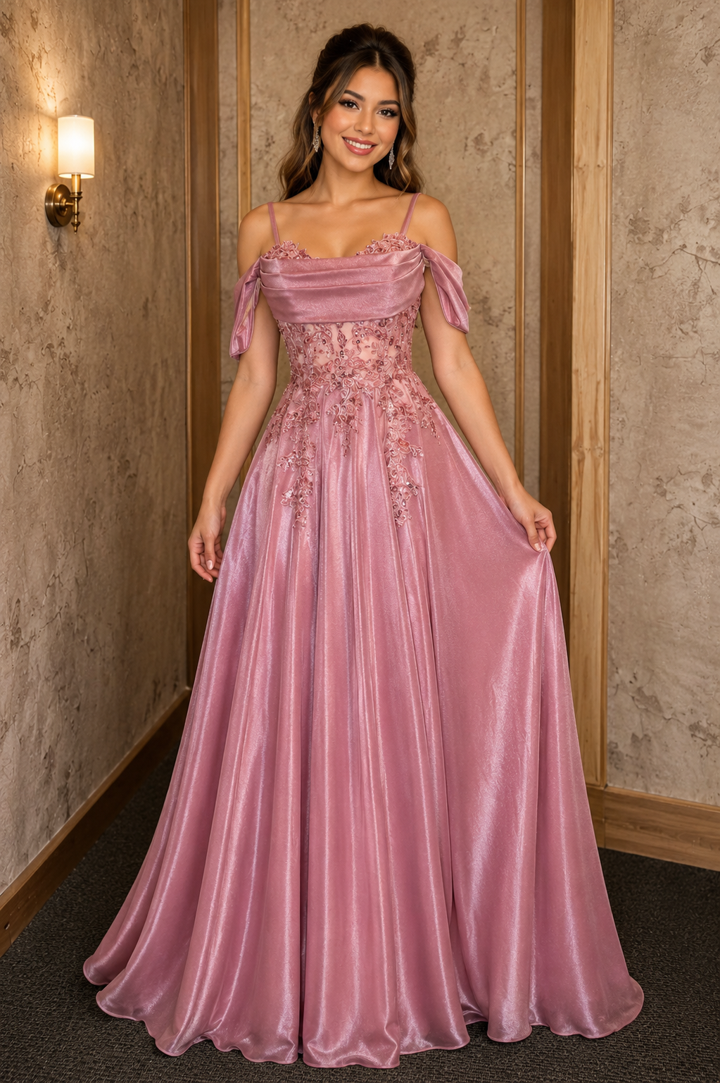 Dusty Blue Off Shoulder A-Line Formal Dress with Lace Applique and Beaded Corset Bodice, Floor Length Evening Gown Style 50538