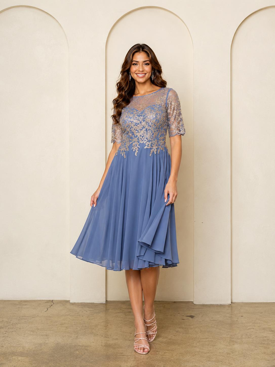 Half Sleeve Embellished Chiffon Gown by Hana 530474