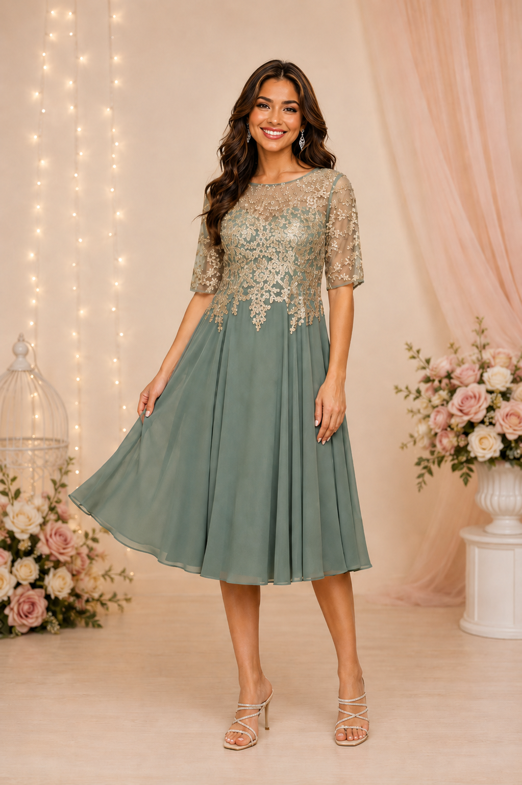 Half Sleeve Embellished Chiffon Gown by Hana 530474