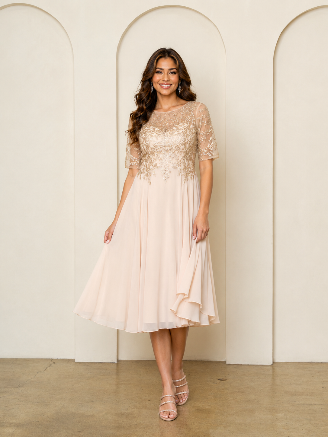 Half Sleeve Embellished Chiffon Gown by Hana 530474