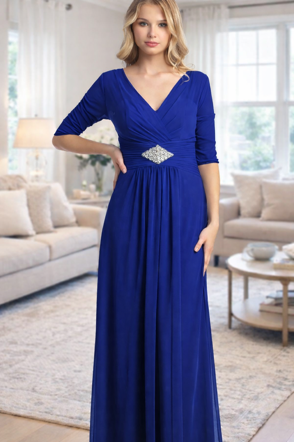 Formal dress in Dusty blue, Black, Burgundy, Coral, Dusty rose, Eucalyptus, Mocha, Royal, Sand, Teal, Teal green by Cindy Collection style 1338 | www.snkdress.com