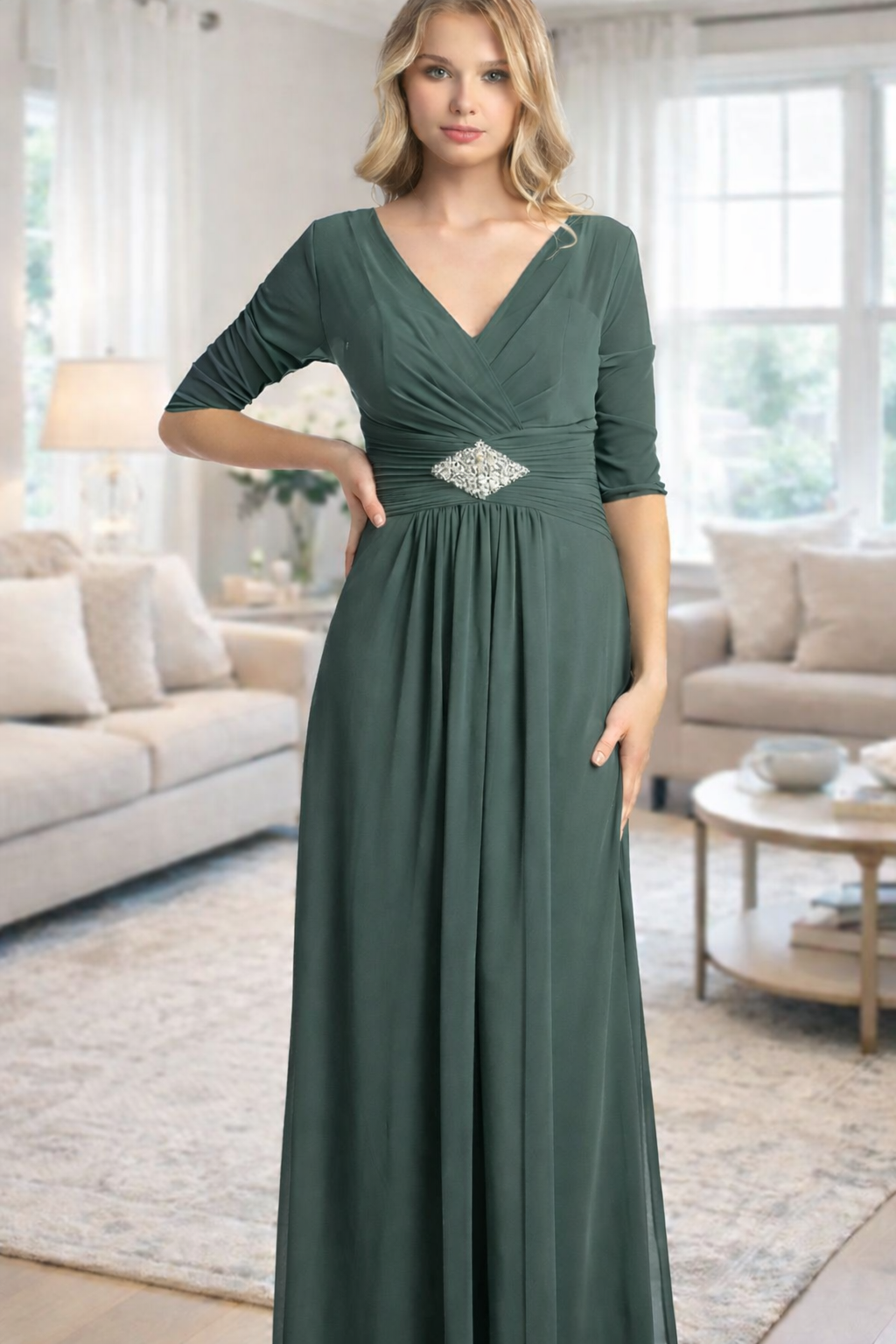 Formal dress in Dusty blue, Black, Burgundy, Coral, Dusty rose, Eucalyptus, Mocha, Royal, Sand, Teal, Teal green by Cindy Collection style 1338 | www.snkdress.com