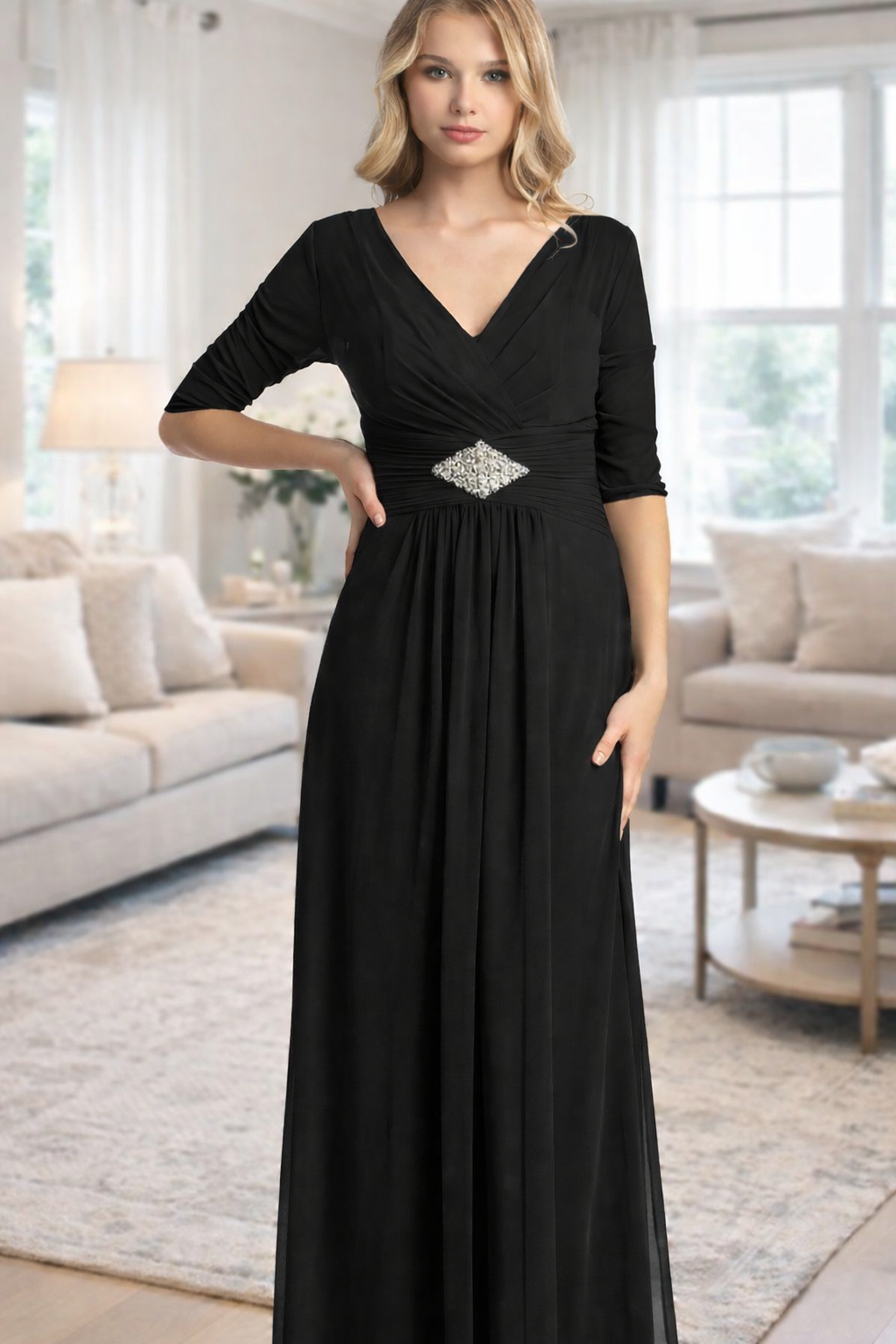 Formal dress in Dusty blue, Black, Burgundy, Coral, Dusty rose, Eucalyptus, Mocha, Royal, Sand, Teal, Teal green by Cindy Collection style 1338 | www.snkdress.com