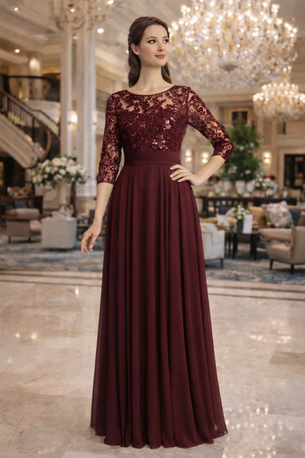 Floral Lace Empire Waist Formal Dress by Cindy Collection 145164