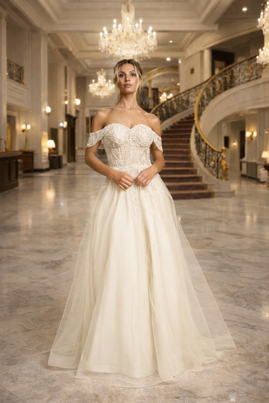 off-shoulder tulle gown by Joy Collection 10304