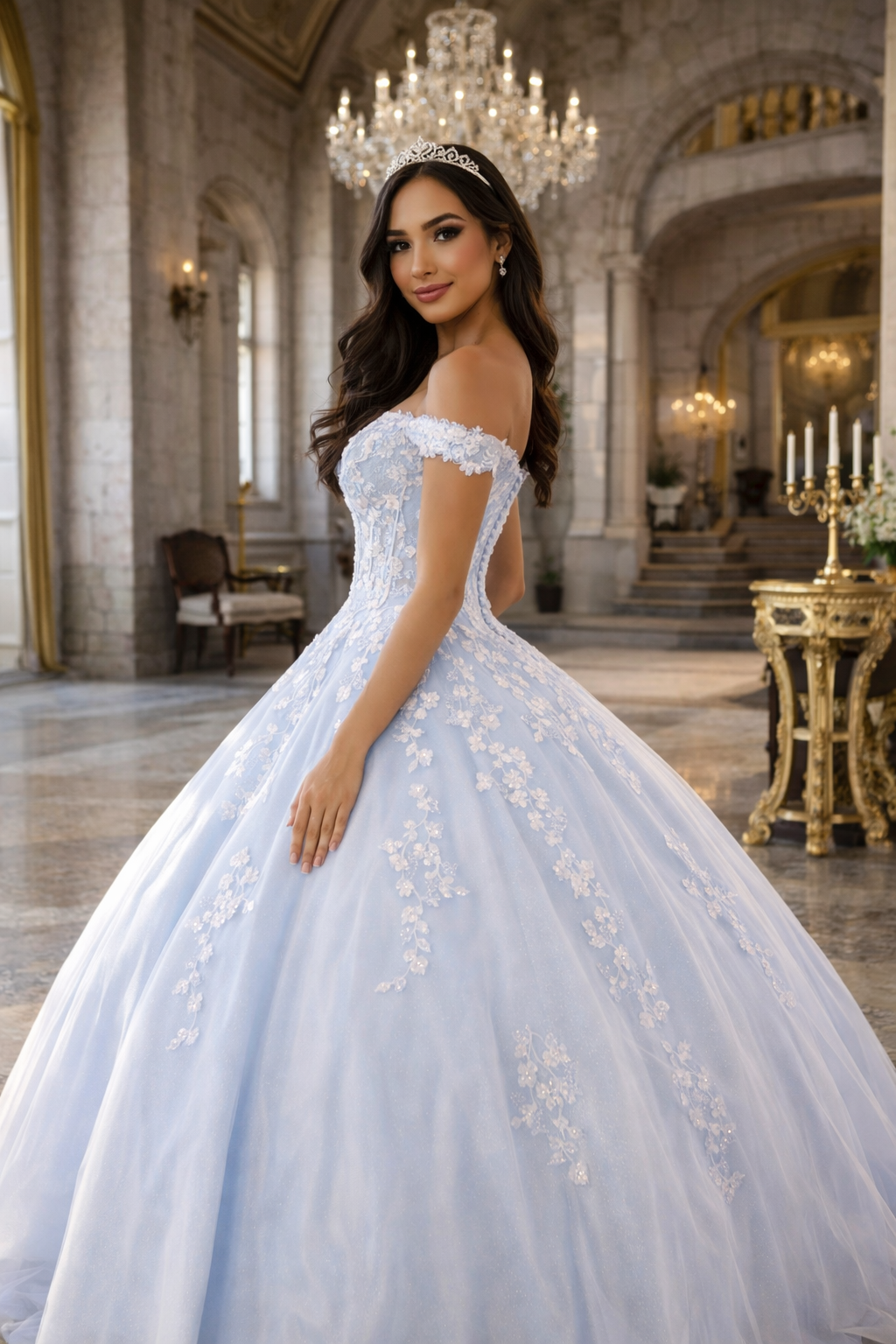 Floral appliqué off-shoulder quinceanera ball gown dress in Bahama Blue and Hot Pink by Cinderella Couture style H1352 | www.snkdress.com