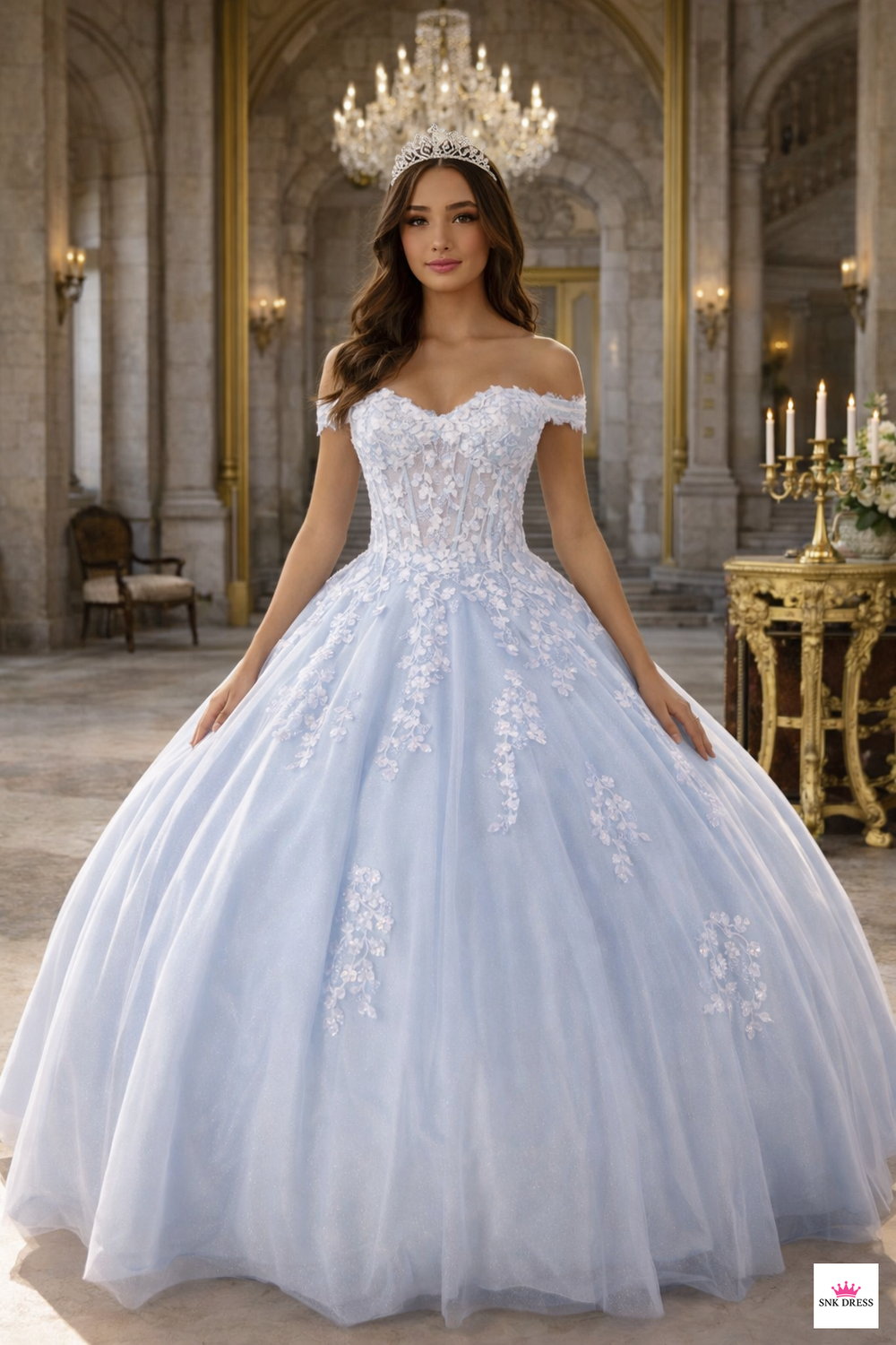 Floral appliqué off-shoulder quinceanera ball gown dress in Bahama Blue and Hot Pink by Cinderella Couture style H1352 | www.snkdress.com