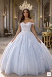 Floral appliqué off-shoulder quinceanera ball gown dress in Bahama Blue and Hot Pink by Cinderella Couture style H1352 | www.snkdress.com