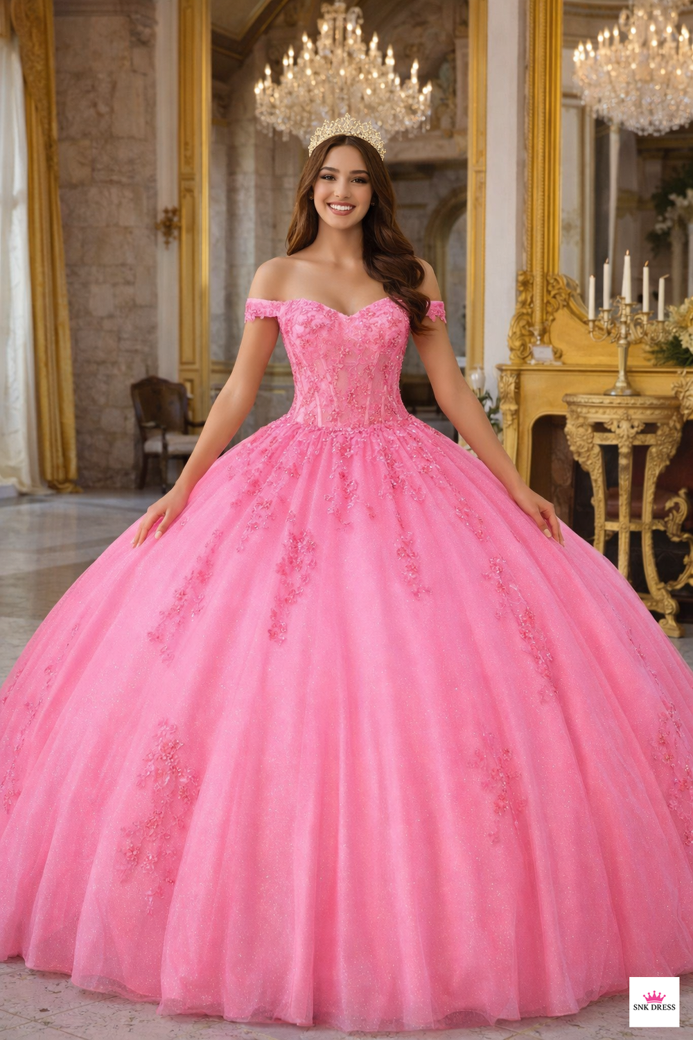 Floral appliqué off-shoulder quinceanera ball gown dress in Bahama Blue and Hot Pink by Cinderella Couture style H1352 | www.snkdress.com