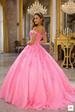 Floral appliqué off-shoulder quinceanera ball gown dress in Bahama Blue and Hot Pink by Cinderella Couture style H1352 | www.snkdress.com