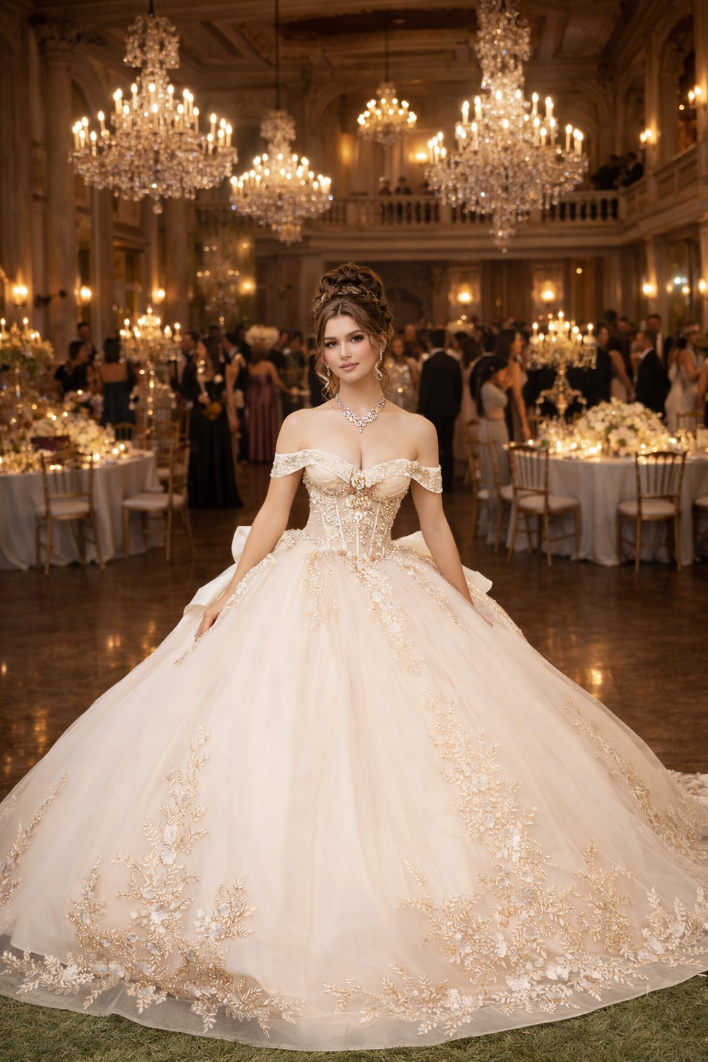 Quinceanera ball gown dress gold embroidery