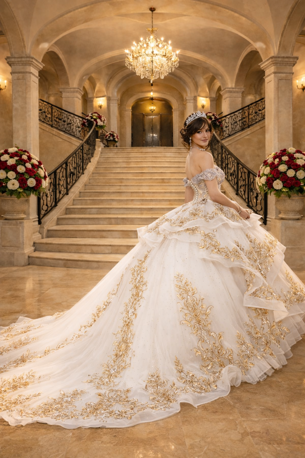 Elegant Lace Bloom Quince Ball Gown by Petite Adele PQ1074403 - Blush / rose gold / L Elegant Lace Bloom Quince Ball Gown by Petite Adele PQ1074403 - Blush / rose gold / L