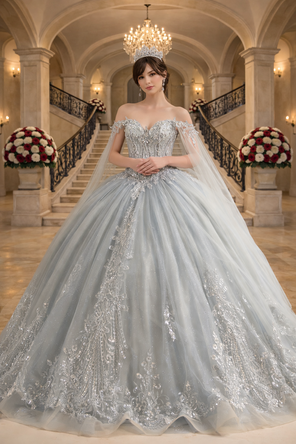 Detachable cape sleeve quinceañera ball gown by Elizabeth K style GL3711 | www.snkdress.com