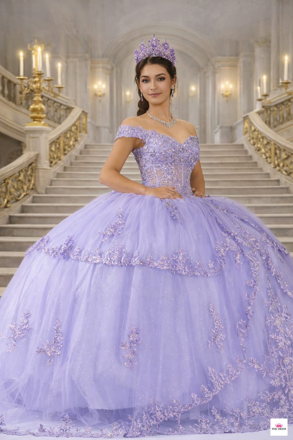 Off-shoulder embroidered tulle quinceañera gown by Calla Collection USA style Scl-30040 Bahama blue, Blush, Champagne, Lilac | www.snkdress.com