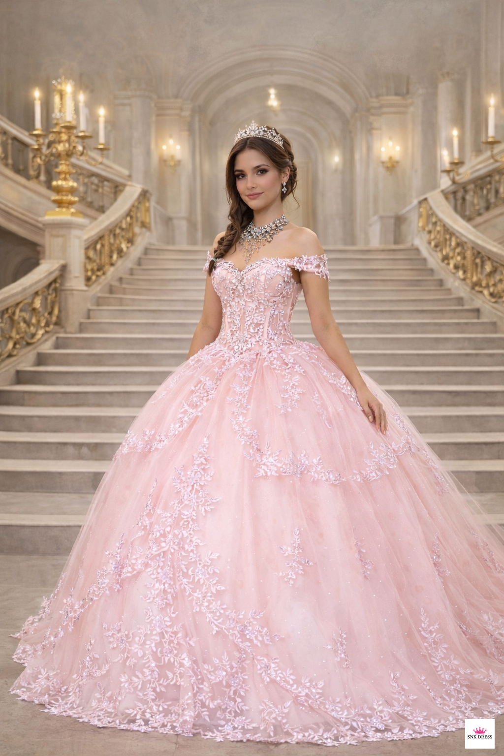 Off-shoulder embroidered tulle quinceañera gown by Calla Collection USA style Scl-30040 Bahama blue, Blush, Champagne, Lilac | www.snkdress.com