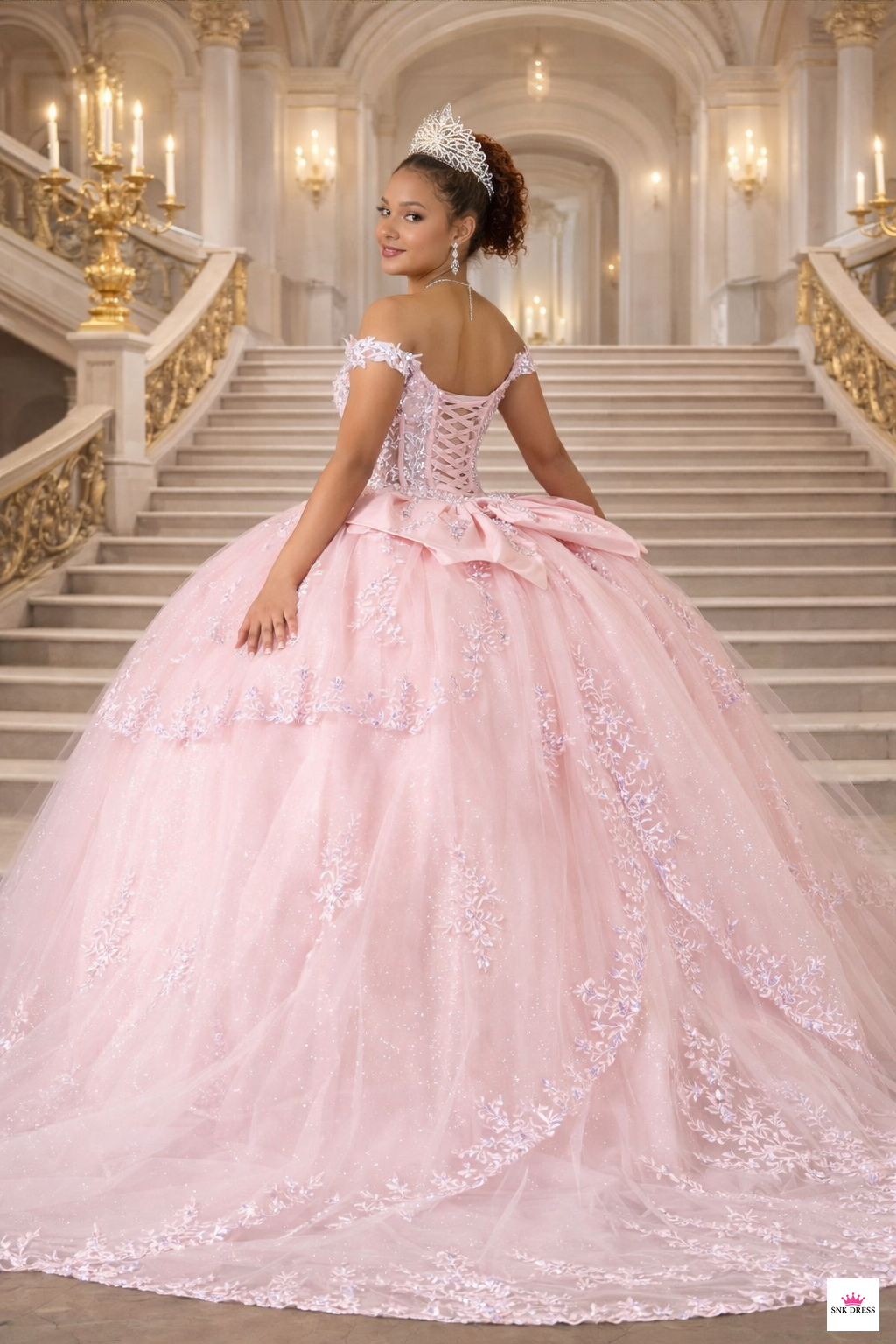 Off-shoulder embroidered tulle quinceañera gown by Calla Collection USA style Scl-30040 Bahama blue, Blush, Champagne, Lilac | www.snkdress.com