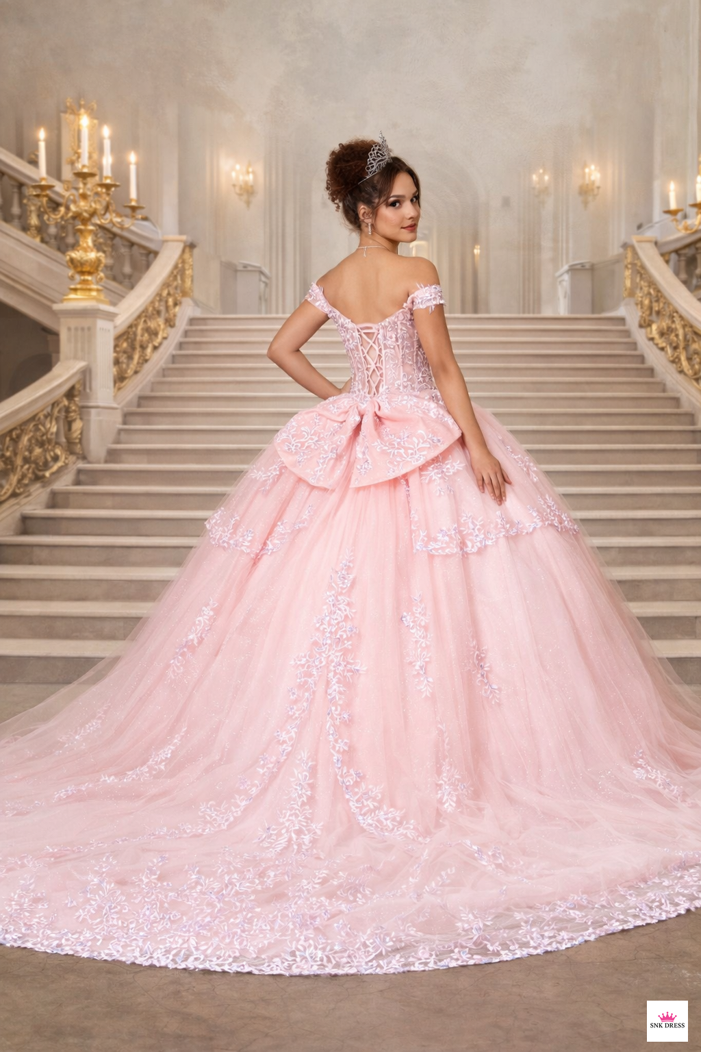 Off-shoulder embroidered tulle quinceañera gown by Calla Collection USA style Scl-30040 Bahama blue, Blush, Champagne, Lilac | www.snkdress.com