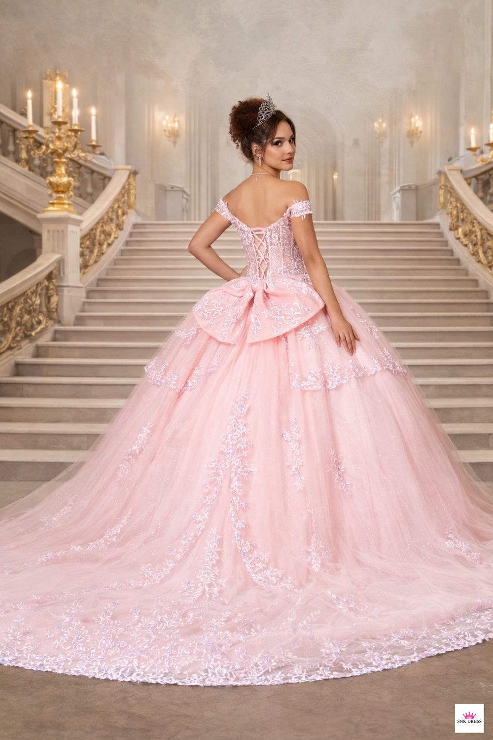 Off-shoulder embroidered tulle quinceañera gown by Calla Collection USA style Scl-30040 Bahama blue, Blush, Champagne, Lilac | www.snkdress.com