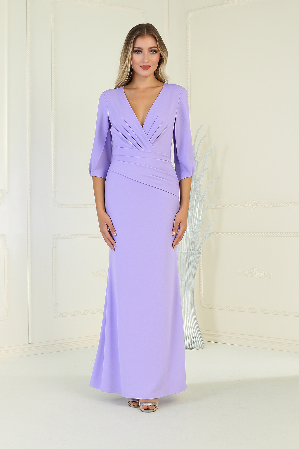 Tulip Sleeve V-Neck Long Sheath Gown by Royal Collection MQ183126