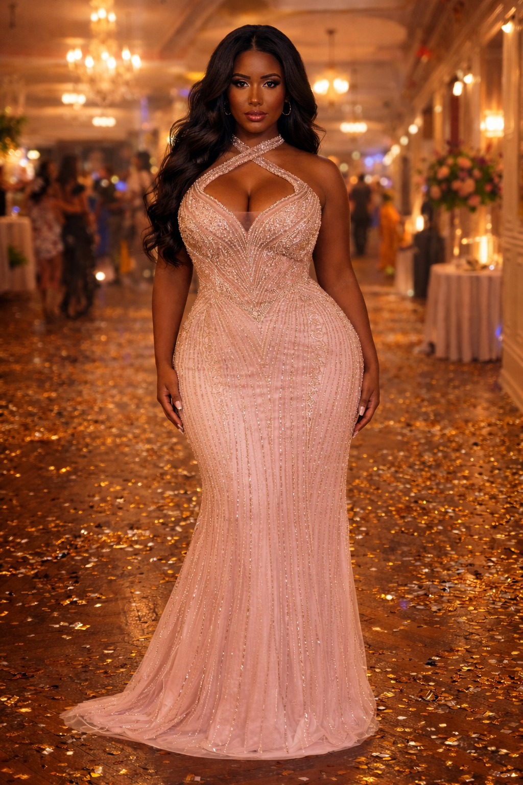 Halter Cutout Beaded Fitted Gown by Ladivine CC416C