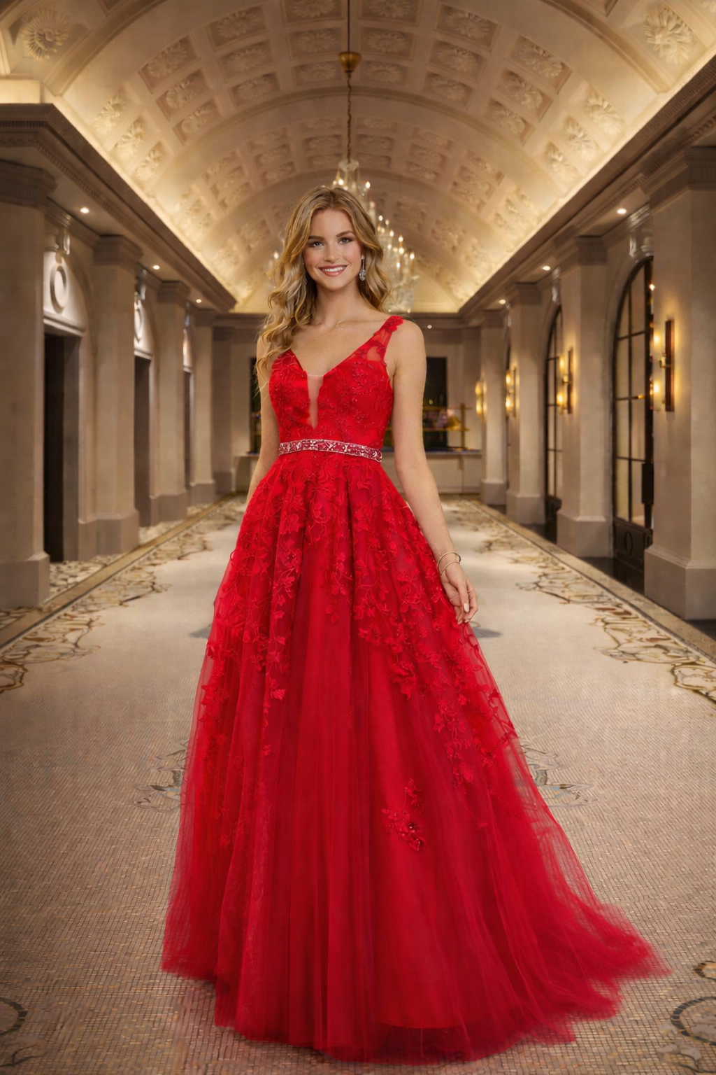 Short Sleeve Tulle and Lace Evening Dress by Hana 526198