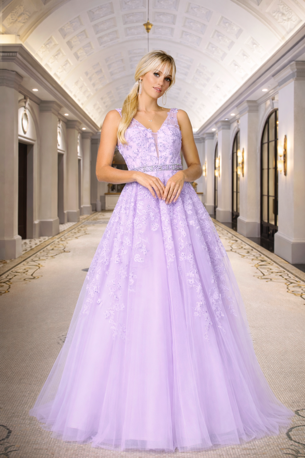 Short Sleeve Tulle and Lace Evening Dress by Hana 526198