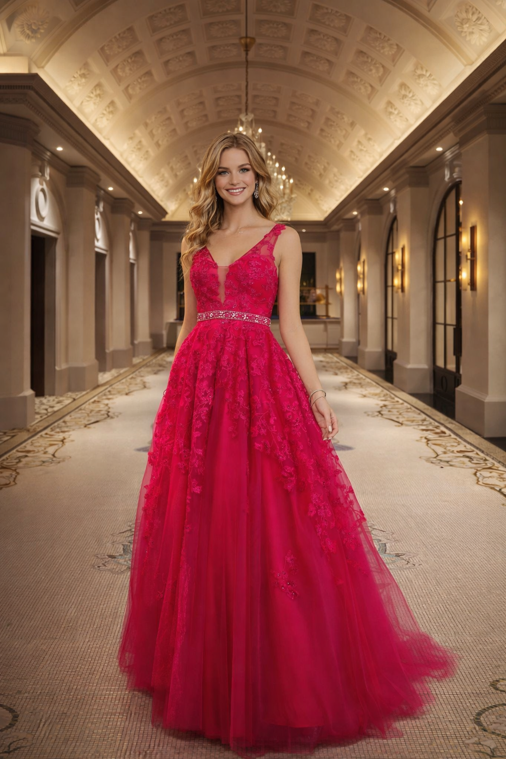 Short Sleeve Tulle and Lace Evening Dress by Hana 526198