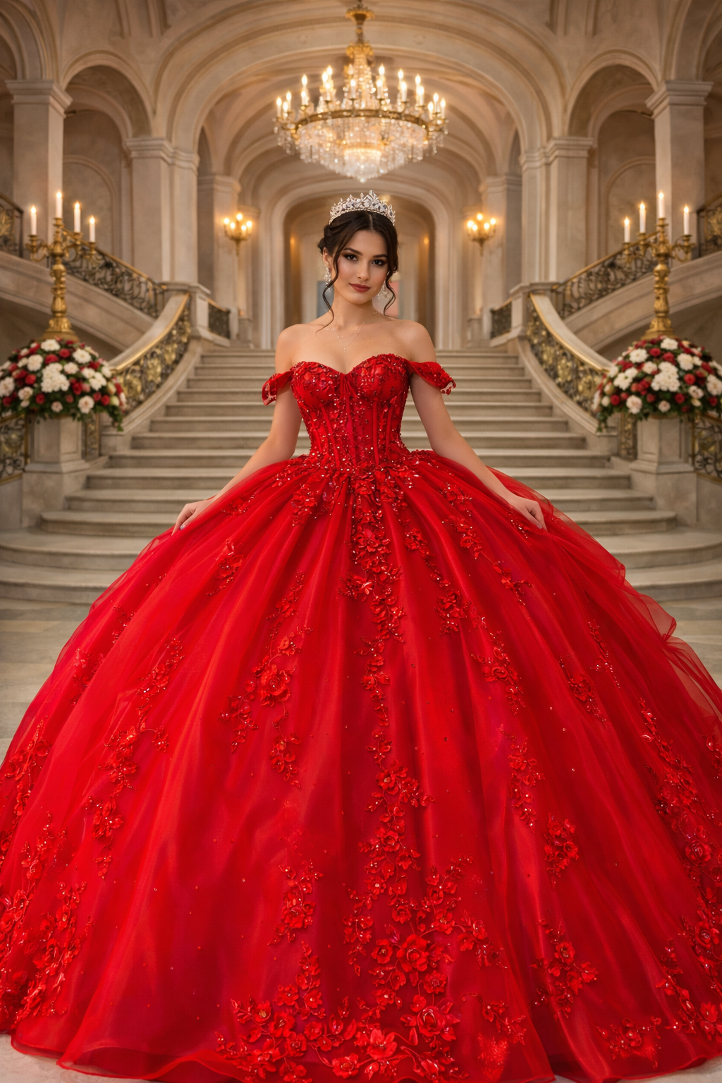 Off-Shoulder Floral Sleeve Quinceanera Ball Gown by Queen Collection 5000382
