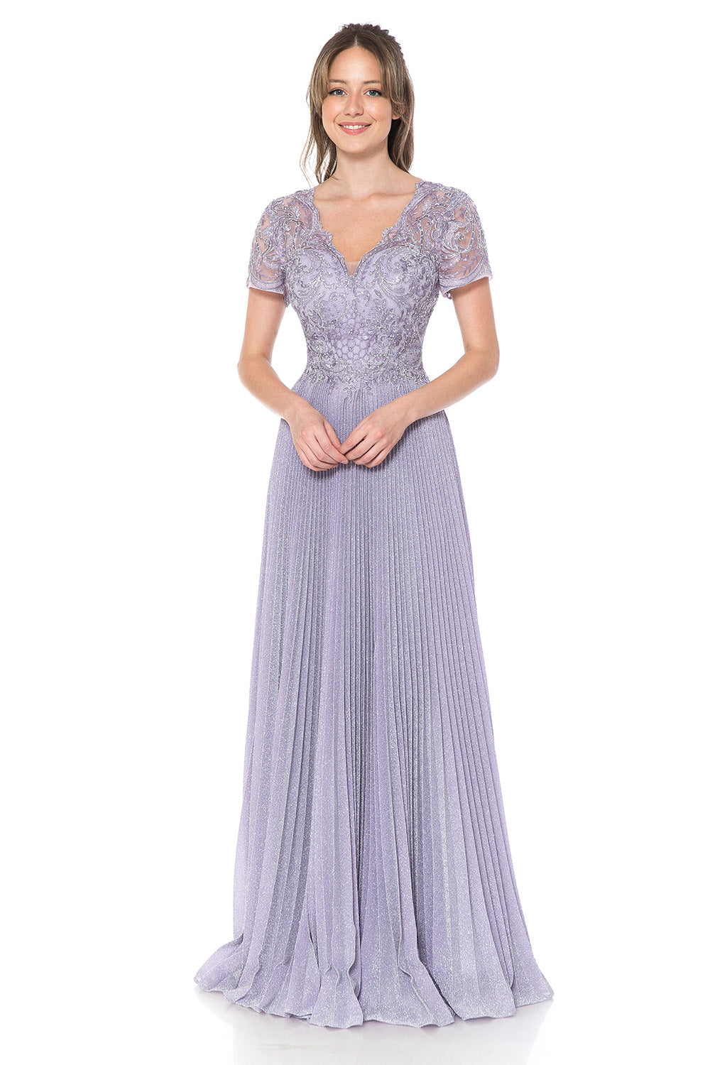 Scalloped Embroidered Mid-Sleeved Pleated Formal Dress by Lenovia 8139