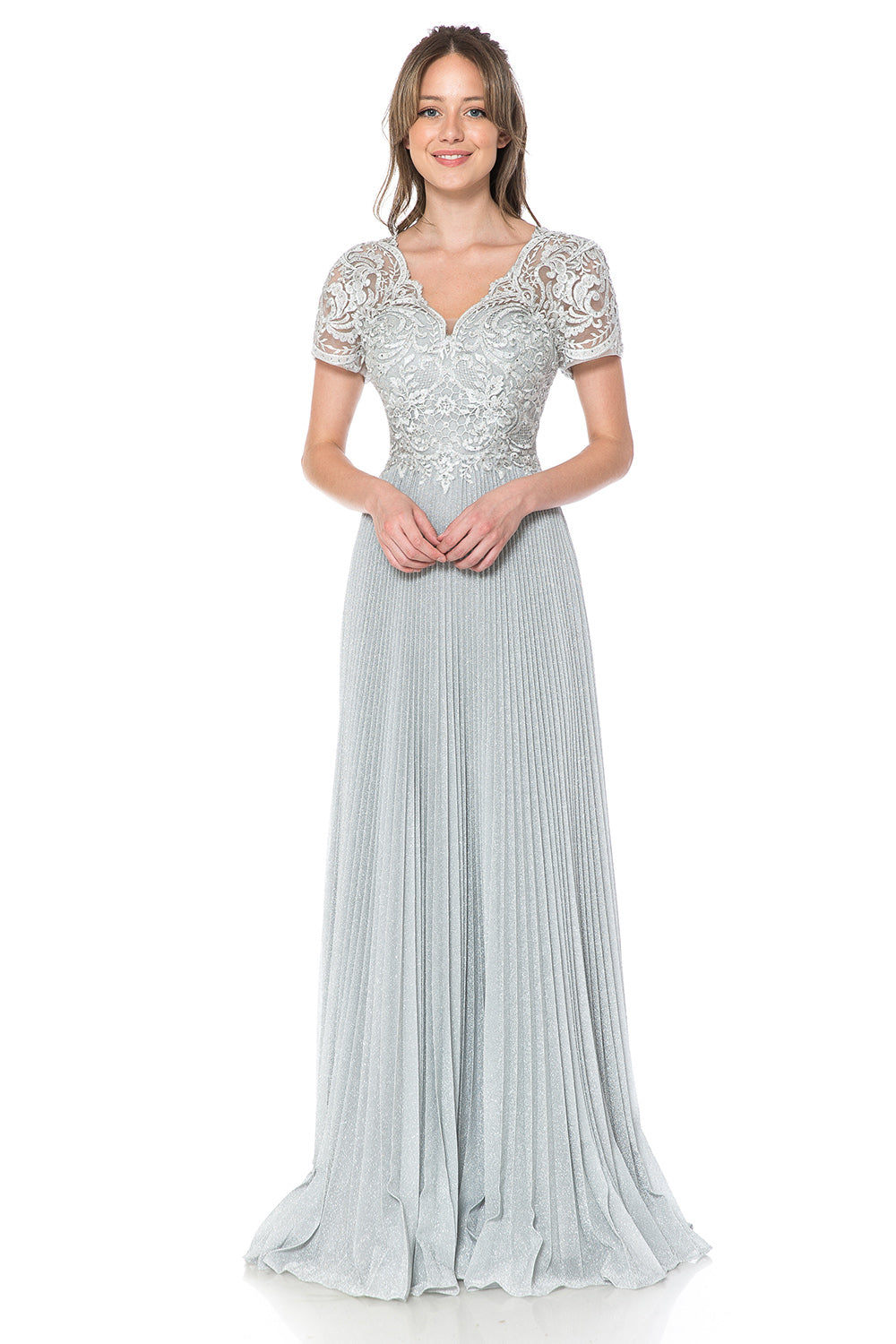 Scalloped Embroidered Mid-Sleeved Pleated Formal Dress by Lenovia 8139