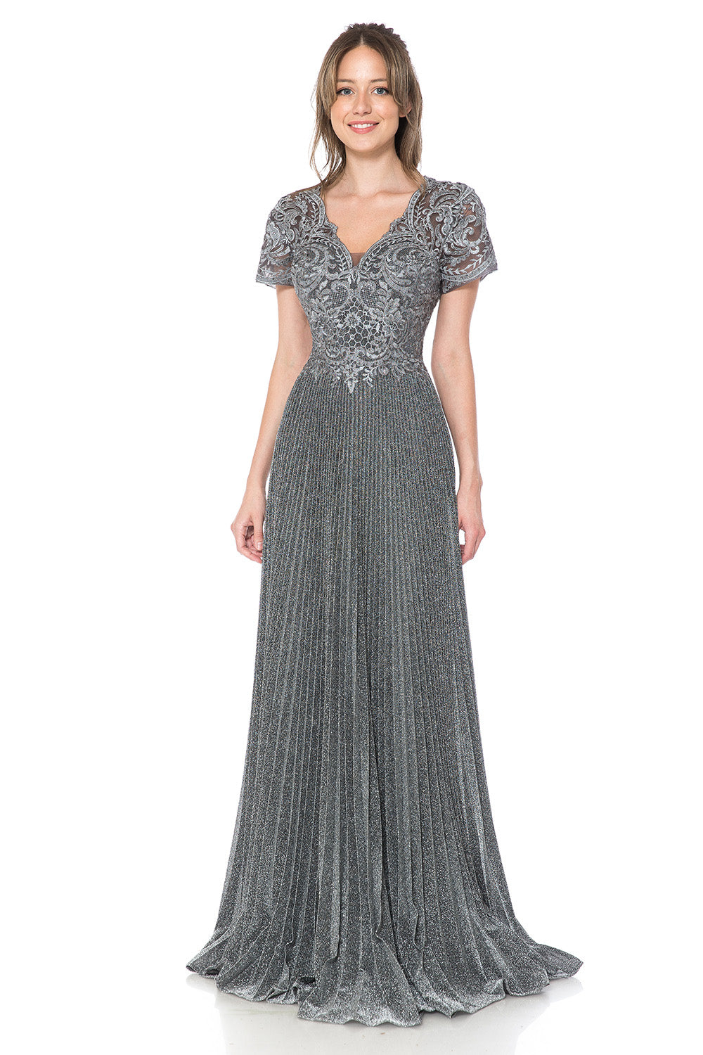 Scalloped Embroidered Mid-Sleeved Pleated Formal Dress by Lenovia 8139