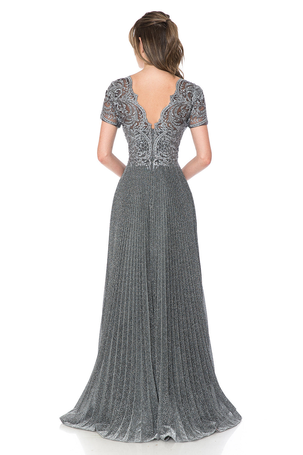 Scalloped Embroidered Mid-Sleeved Pleated Formal Dress by Lenovia 8139