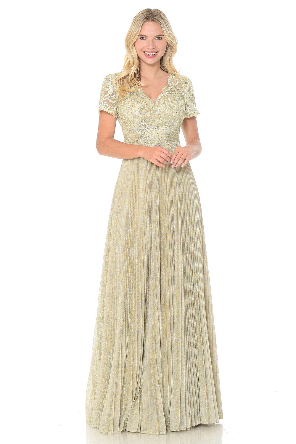 Scalloped Embroidered Mid-Sleeved Pleated Formal Dress by Lenovia 8139