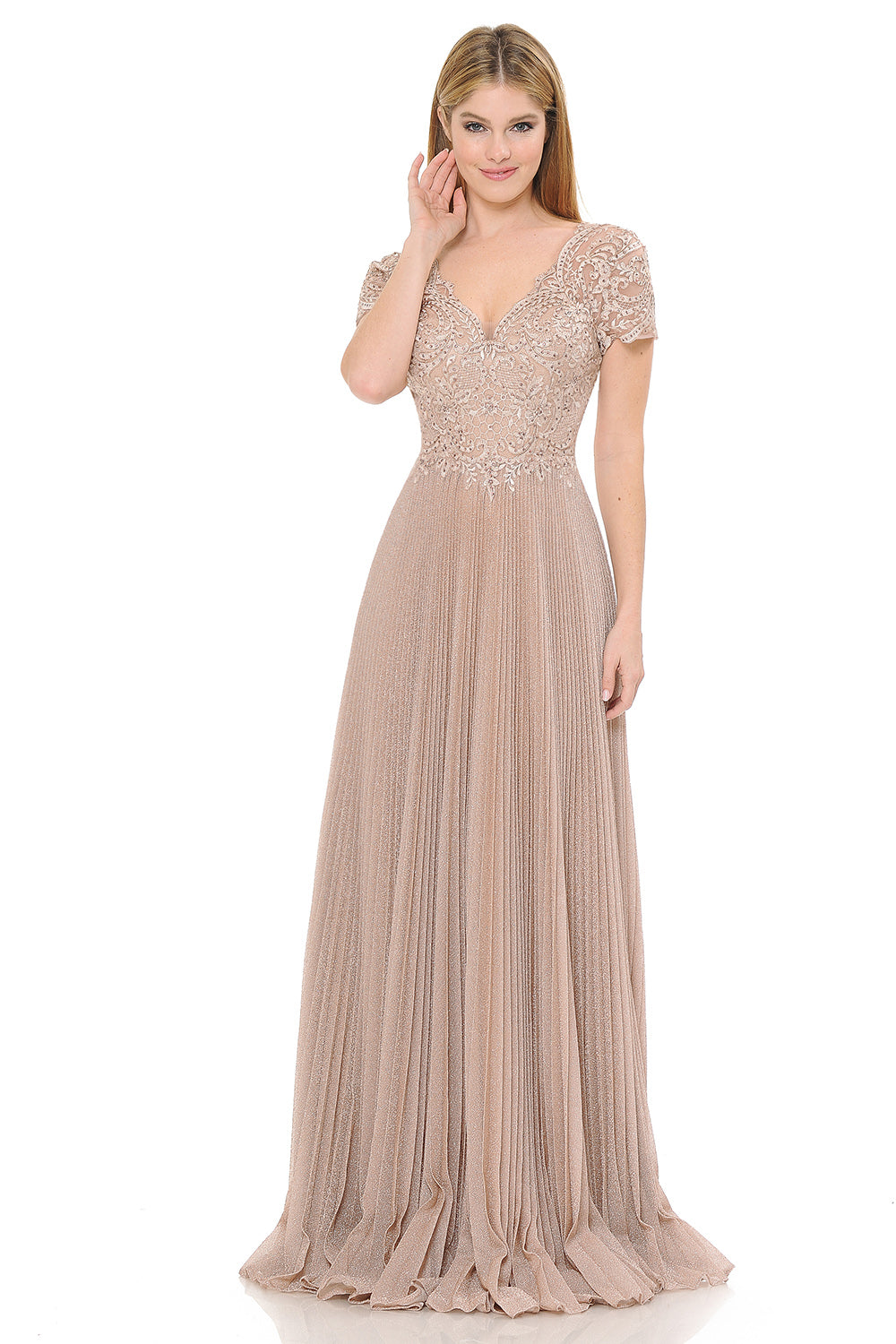 Scalloped Embroidered Mid-Sleeved Pleated Formal Dress by Lenovia 8139