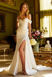 Satin off-shoulder fitted wedding gown with slit by GLS GL3545 www.snkdress.com
