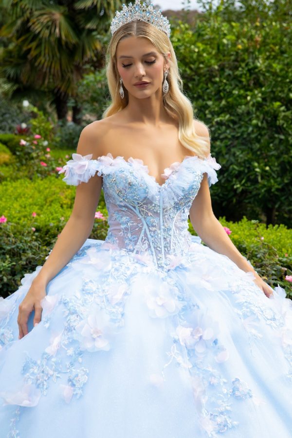 PREORDER 3D Organza Flower Applique  Off Shoulder Embellished Corset w/Detachable Big Bow by Elizabeth K GL3555