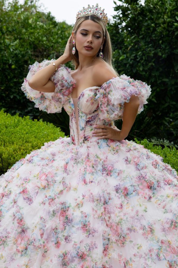 PREORDER Off Shoulder Embellished Corset Ruffle Flower Print by Elizabeth K GL3609