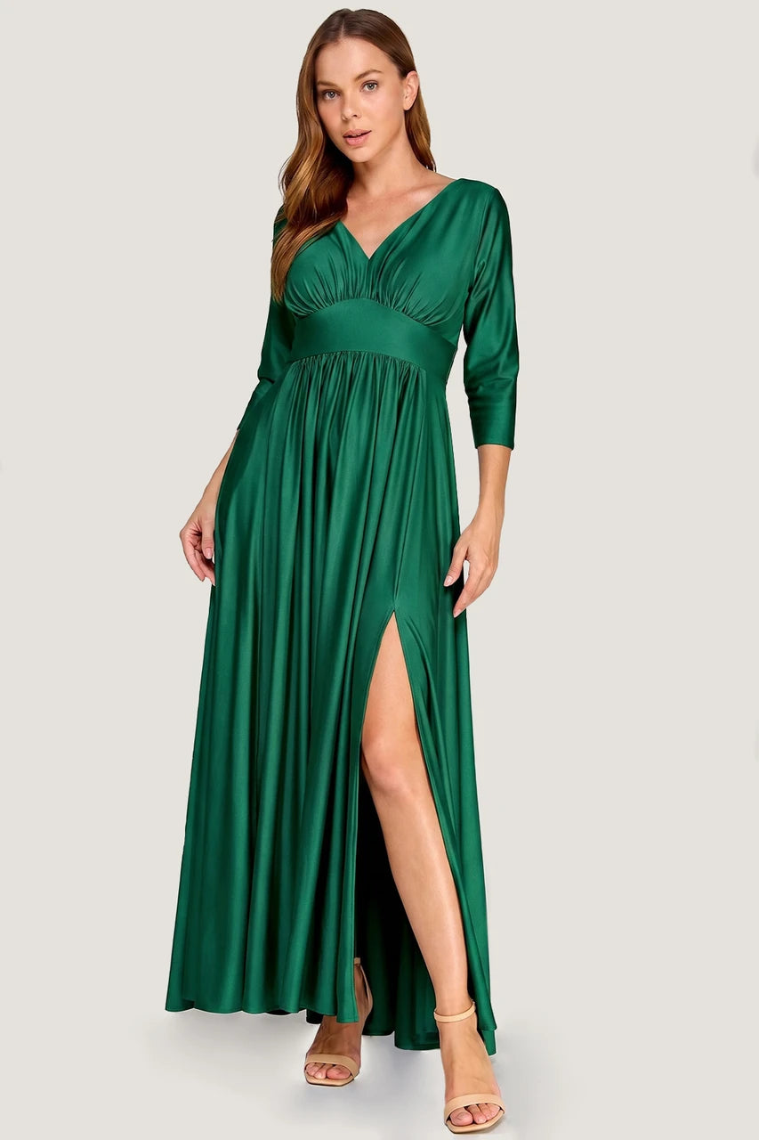 Long Sleeve V-Neck Ruched Pocketed Formal Dress by Lenovia 5231-D