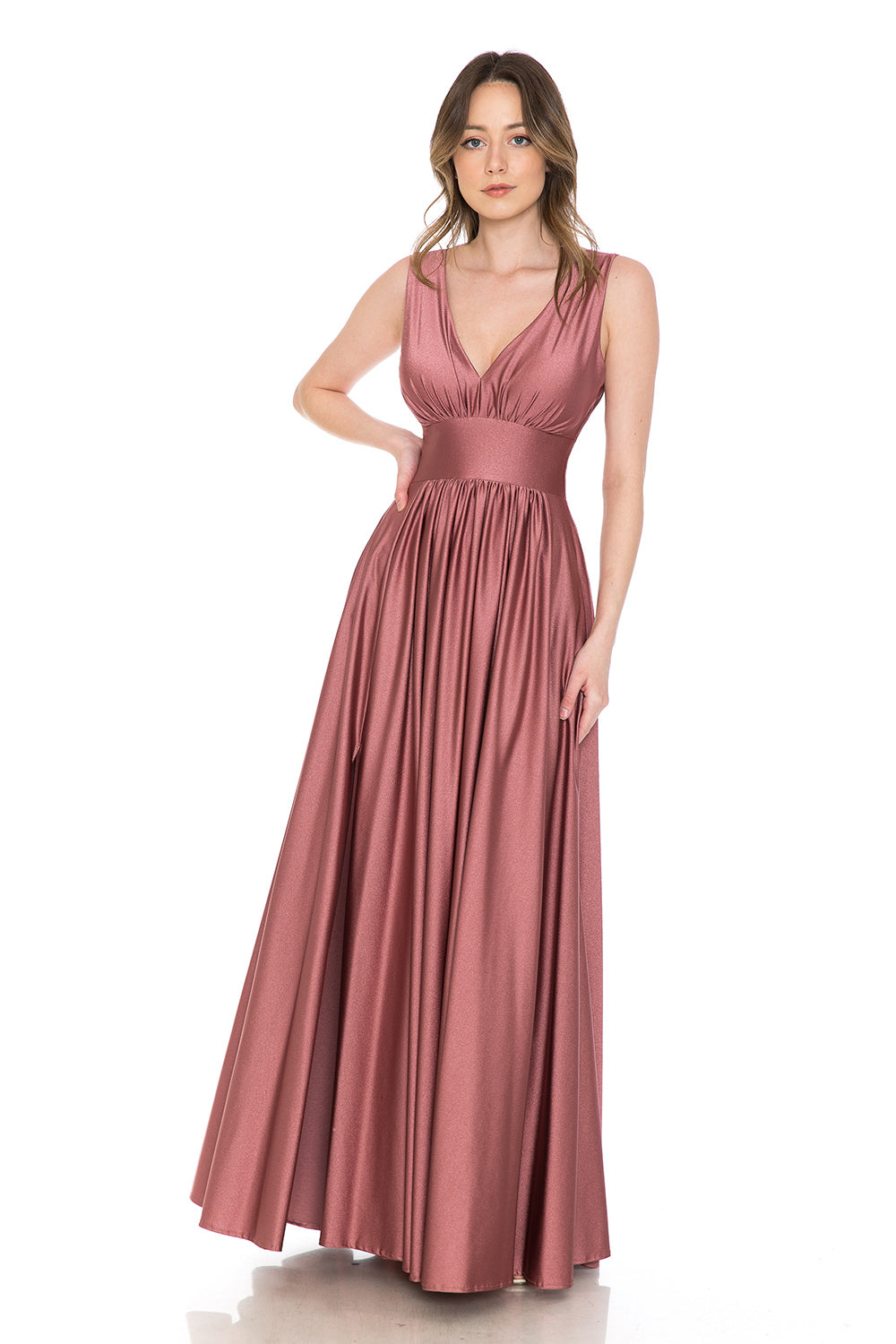 V-Neck Empire Ruched Pocketed Formal Dress by Lenovia 5232