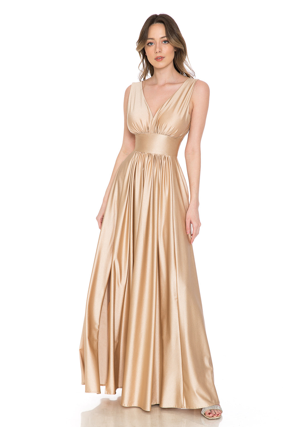 V-Neck Empire Ruched Pocketed Formal Dress by Lenovia 5232