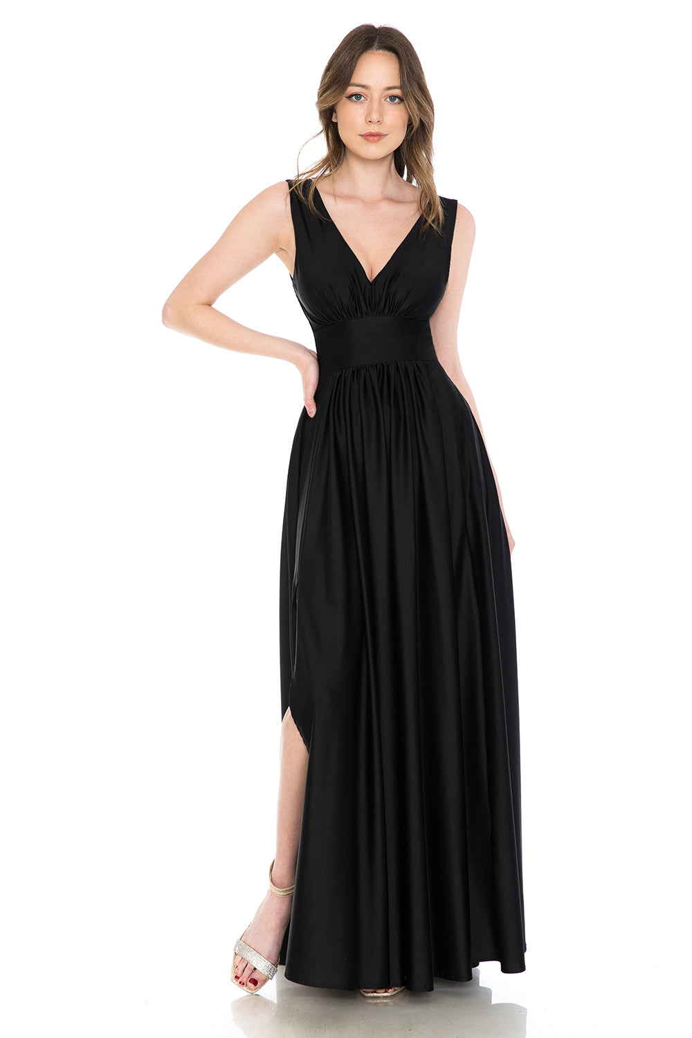 V-Neck Empire Ruched Pocketed Formal Dress by Lenovia 5232