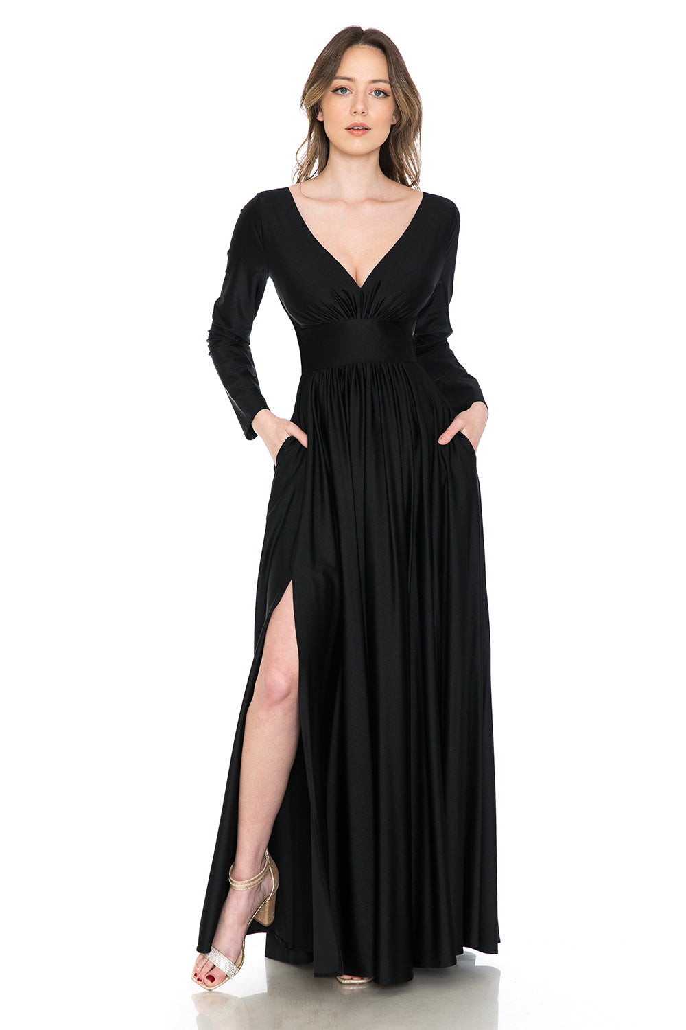 Long Sleeve V-Neck Ruched Pocketed Formal Dress by Lenovia 5231