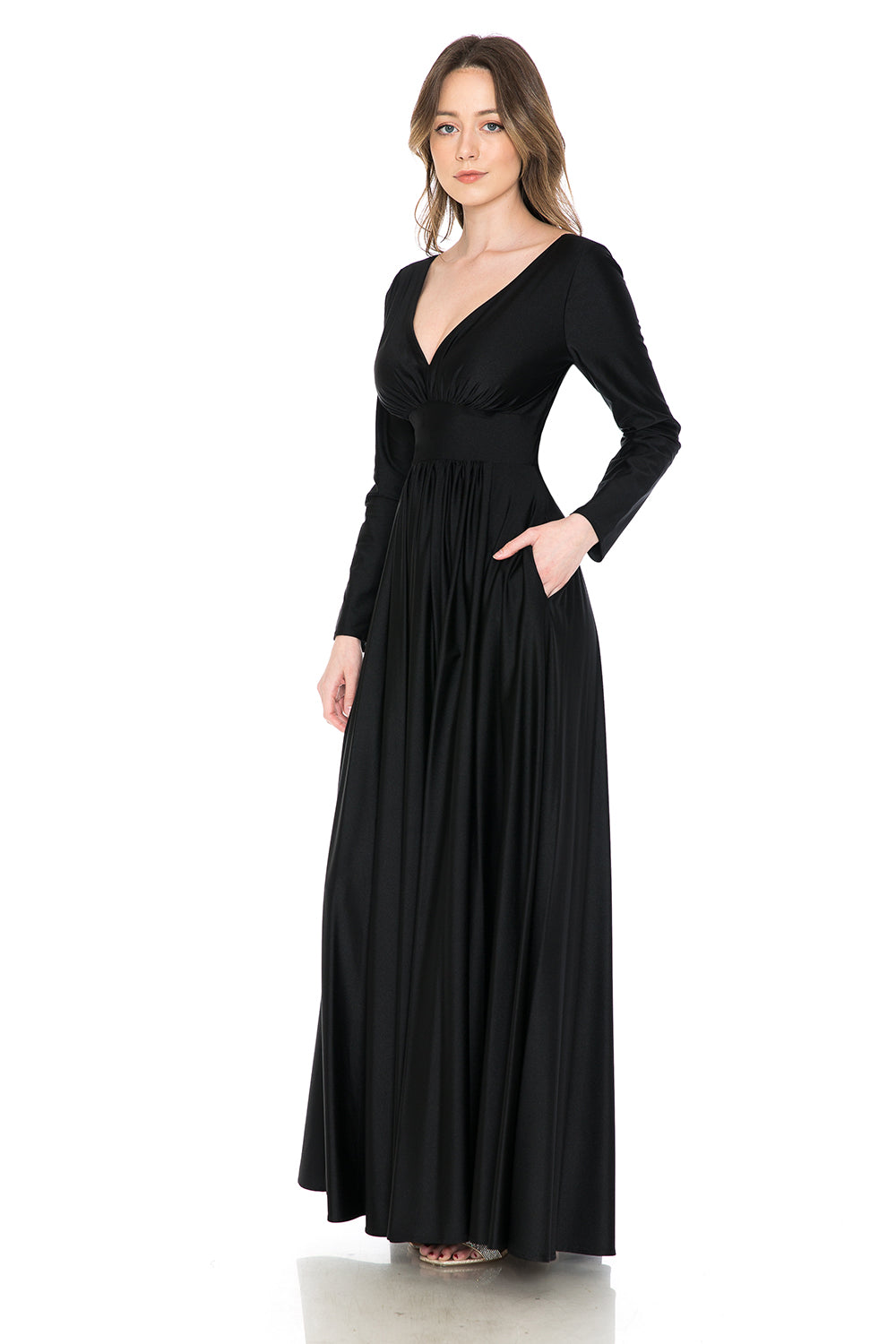 Long Sleeve V-Neck Ruched Pocketed Formal Dress by Lenovia 5231