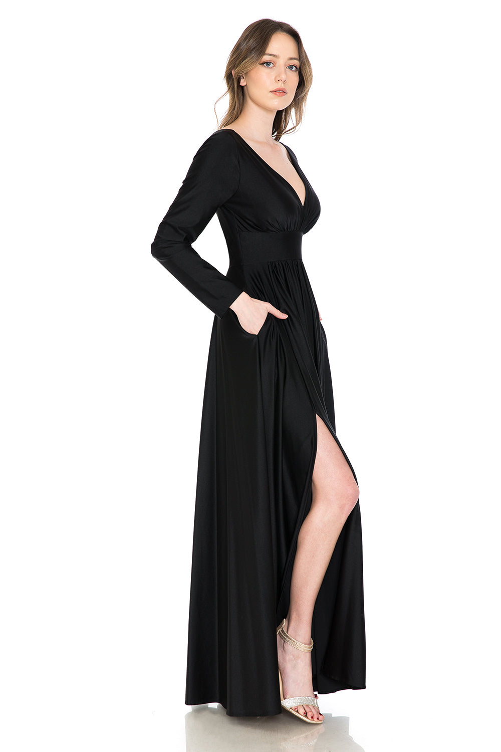 Long Sleeve V-Neck Ruched Pocketed Formal Dress by Lenovia 5231