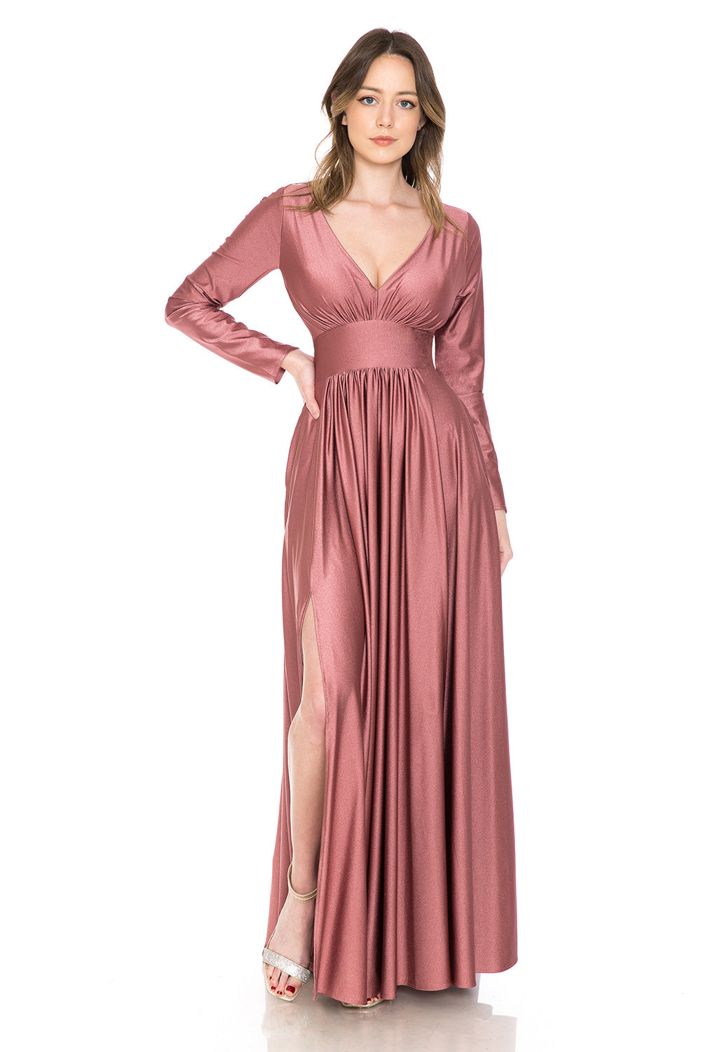 V-neck Waisted Ruched Top Long dress by Lenoria USA 5231