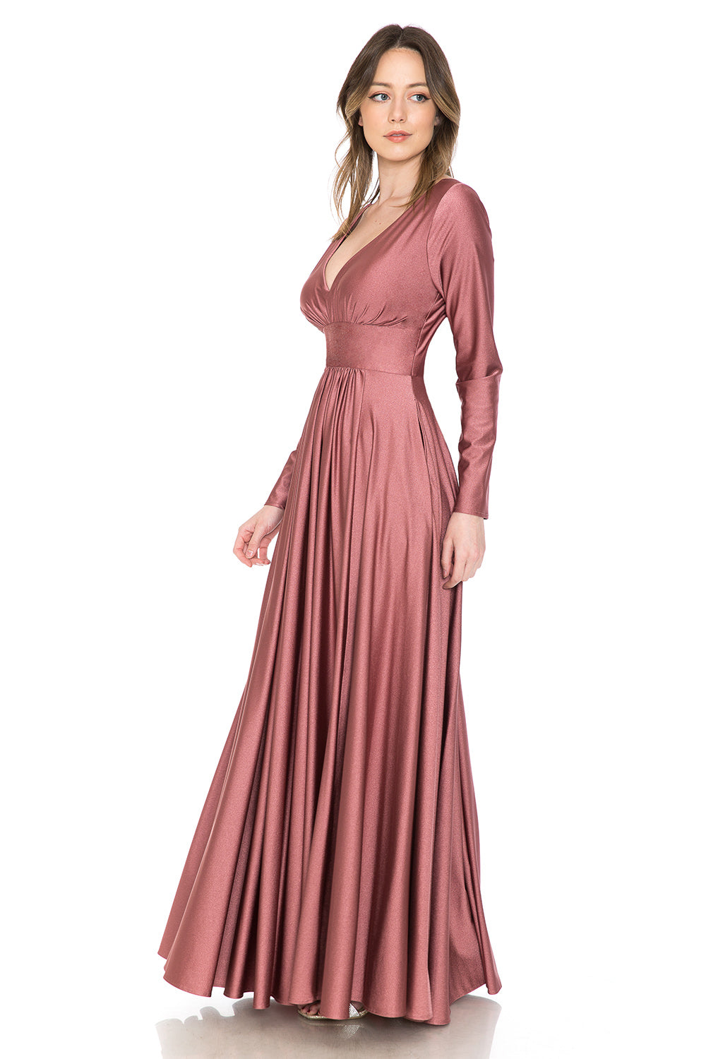 Long Sleeve V-Neck Ruched Pocketed Formal Dress by Lenovia 5231